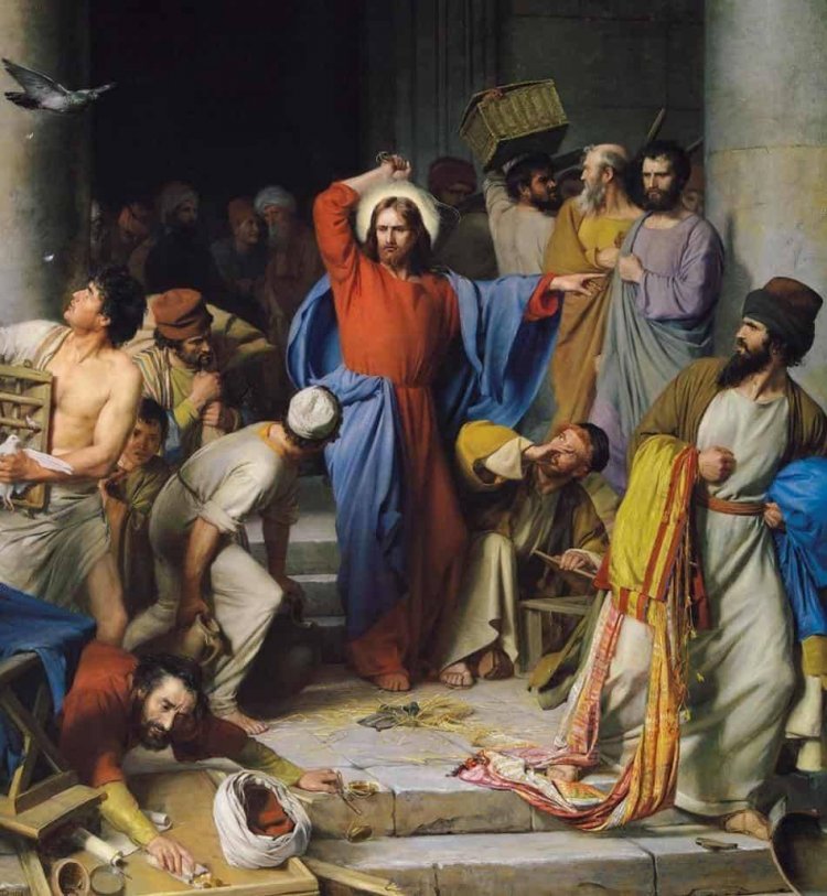 يسوع في الهيكل، يطرد الباعة والتجار، ويعلِّم - لوقا ١٩: ٤٥-٤٨